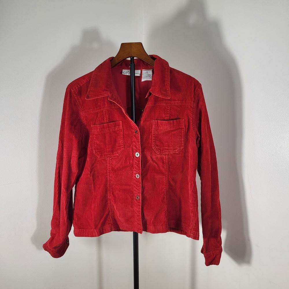 Dressbarn Red Corduroy Button Front Jacket Womens Medium Cotton Shacket Pocket